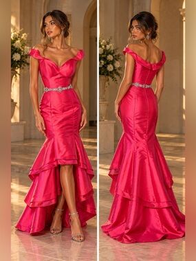 Jovani NWOT Fuchsia Satin Off Shoulder Rhinestone Belt High Low Mermaid Dress 8